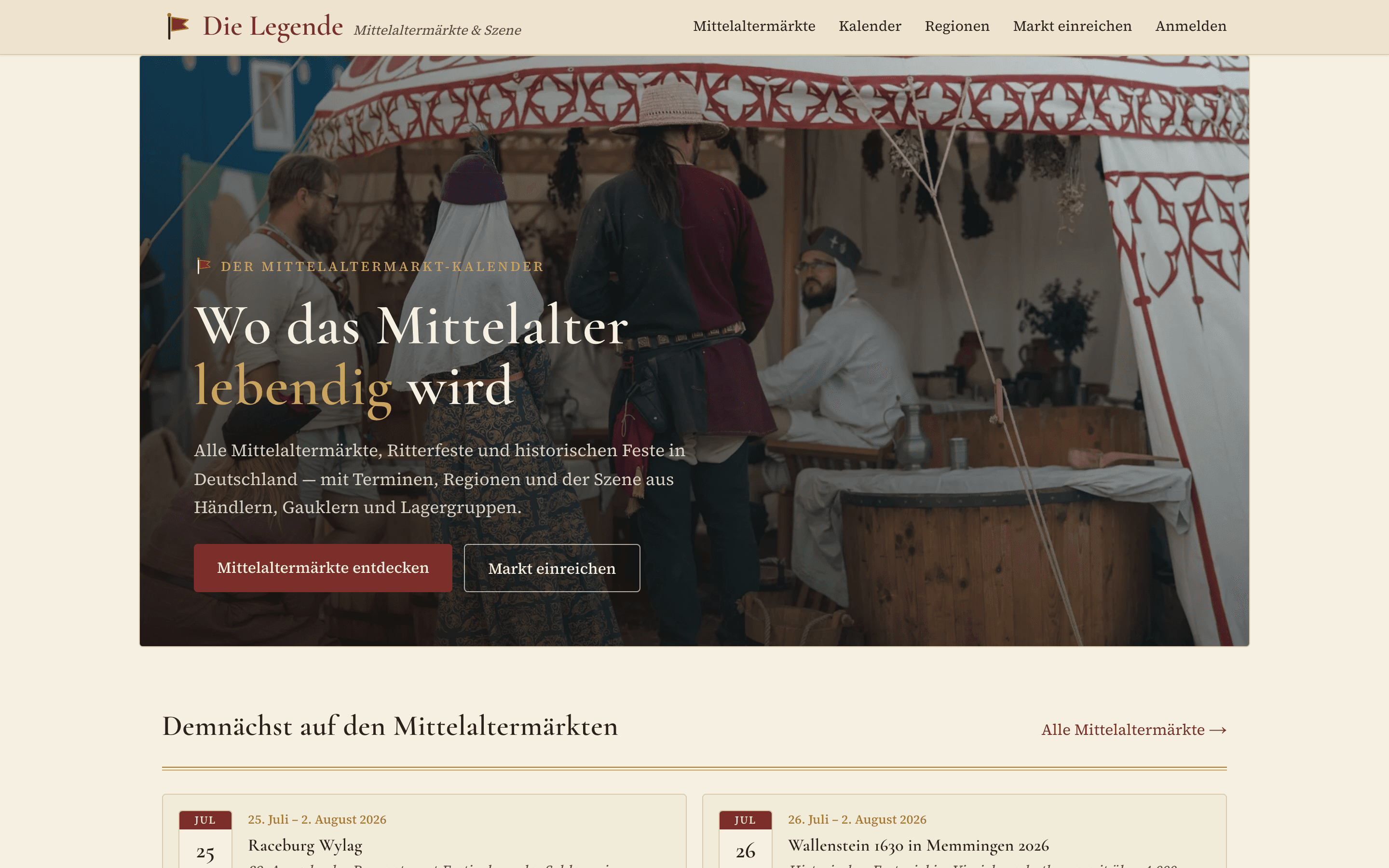 Screenshot der Website Die Legende